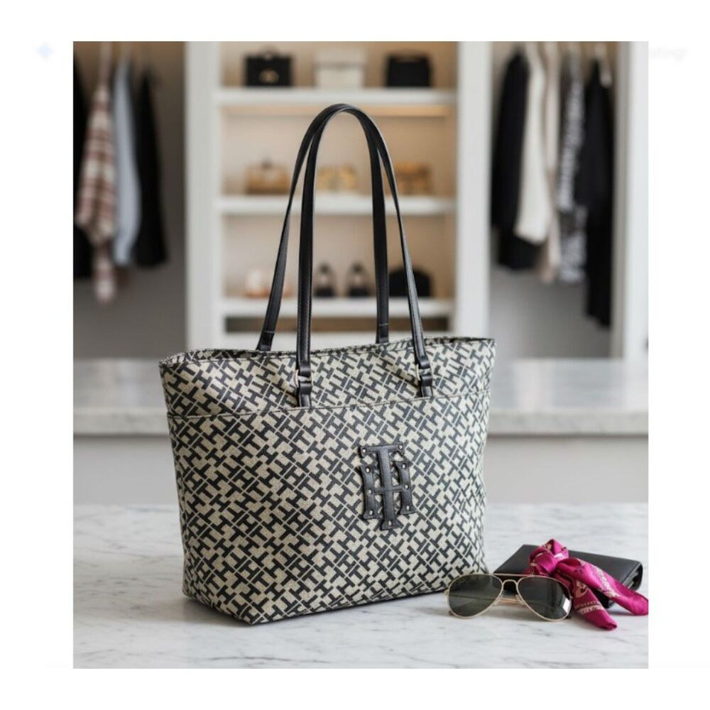 Tommy Hilfiger Shoulder Bag Purse Logo Print Large Black Handbag Womens Tote